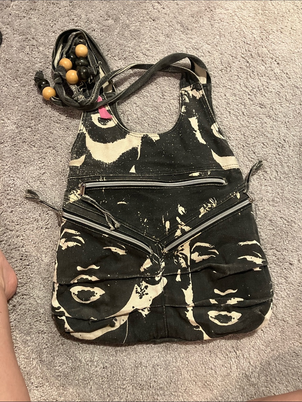 Black & Cream Graphic Canvas Shoulder Bag with Beaded Strap